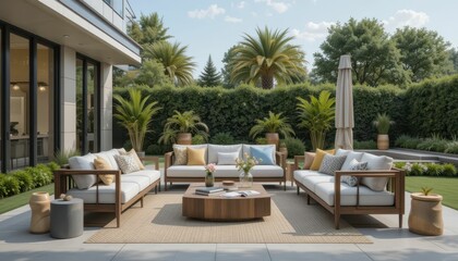 Modern Outdoor Living Space with Stylish Furniture and Tropical Plants