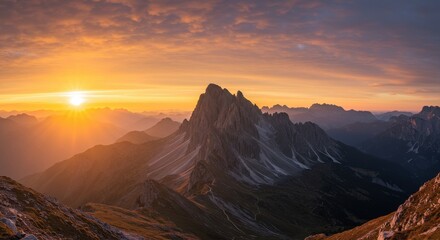 Naklejka premium Majestic sunset over rugged mountain peaks in the Dolomites, Italy