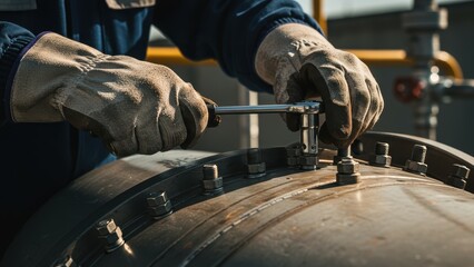 Close-up of worker tightening bolts on a pipe with a wrench. Industrial site.
