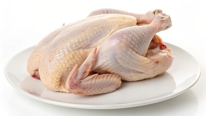 Raw Whole Chicken with Skin and Natural Fat on a White Background  
