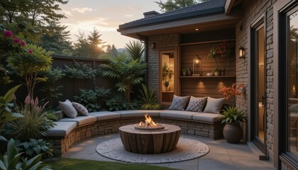 Fototapeta premium Cozy Backyard Retreat with Fire Pit and Lush Greenery at Dusk
