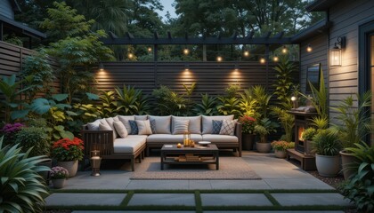 Fototapeta premium Cozy Outdoor Patio with Lush Plants and Ambient Lighting Decor