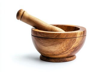 Elegant wooden mortar and pestle set for culinary creations on a bright white background isolated on transparent background