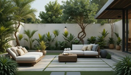 Fototapeta premium Serene Outdoor Living Space with Modern Furniture and Lush Greenery