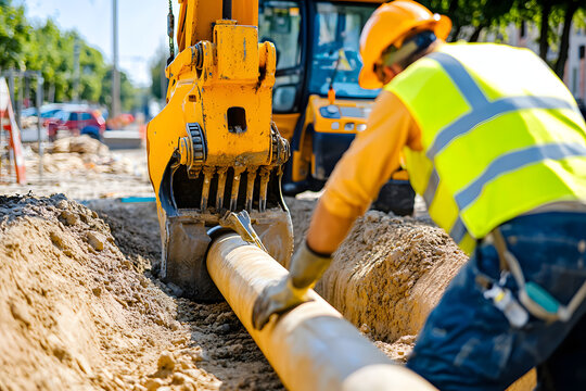 municipal infrastructure workers installing underground utility pipes