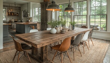 A rustic dining area with wooden table and chairs present