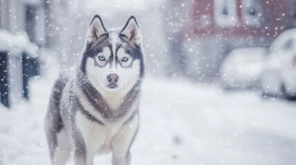 Naklejka premium A Siberian Husky on a snowy street.
