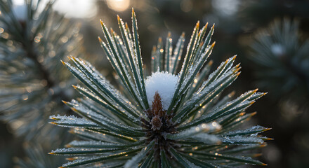 Frozen pine needles covered with shimmering ice crystals under winter sunlight