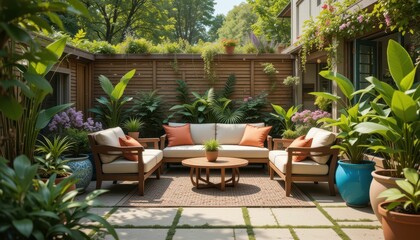 Obraz premium Cozy Outdoor Patio with Green Plants and Comfortable Seating Area