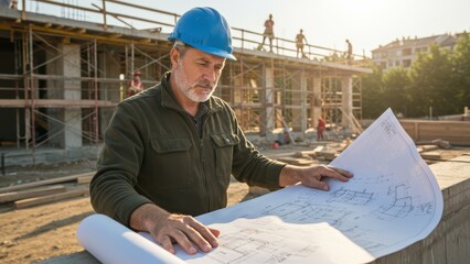 Mature construction supervisor examines a blueprint on a construction site.