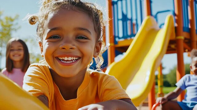 Lively playground atmosphere with kids engaging in play and forming bonds.