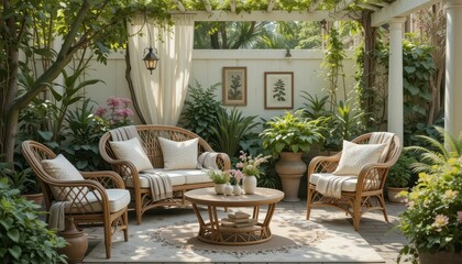 Fototapeta premium Cozy Outdoor Seating Area with Lush Greenery and Relaxing Ambiance