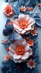 3D Pink and Orange Paper Flowers with Blue Leaves and Butterfly