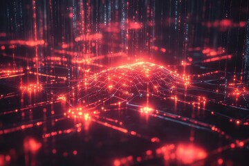 digital fortress visualization with glowing cybersecurity elements neural networks and protective shields against dark matrix background