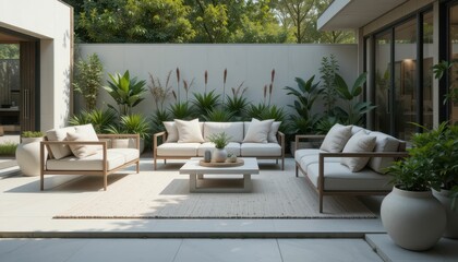 Obraz premium Modern Outdoor Living Space with Elegant Furniture and Greenery