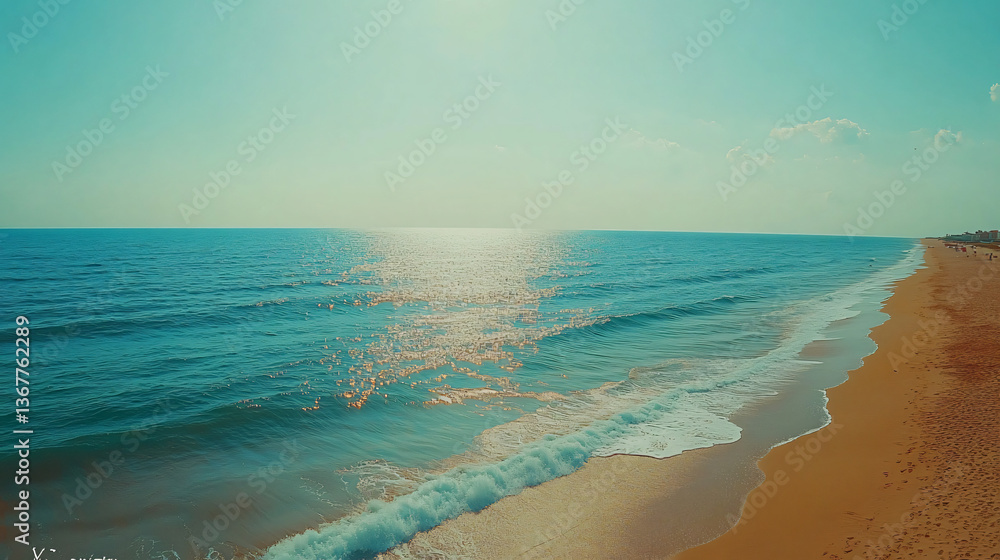 Poster peaceful beach and ocean view with gentle waves lapping the shoreline at dawn creating a relaxing se
