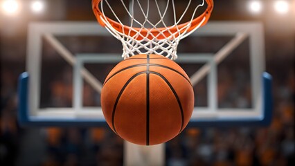 Fototapeta premium Focused shot of a basketball inside the hoop, representing scoring success and the excitement of competitive sports in a stadium setting.