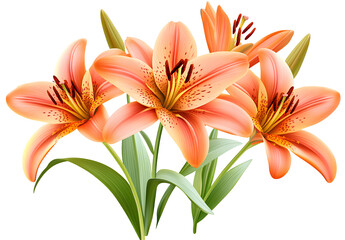 3 Orange Lily Flowers Png, Orange Warm Lilies isolated on transparent background