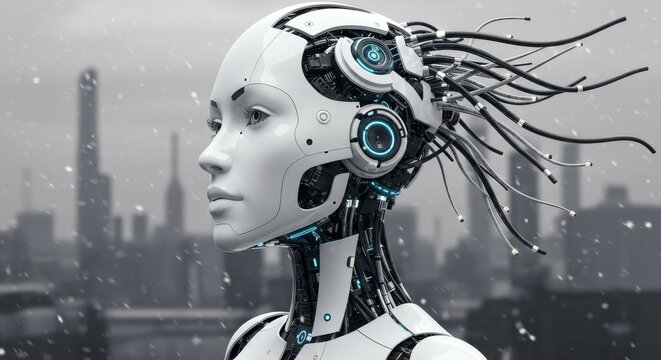 Humanoid robot head against urban skyline.