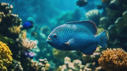 Blue Parrotfish Swimming Near Coral Reef Underwater with Vibrant Colors