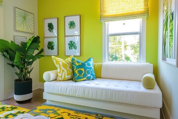 Modern interior design featuring a white sofa, tropical plants, and vibrant green walls