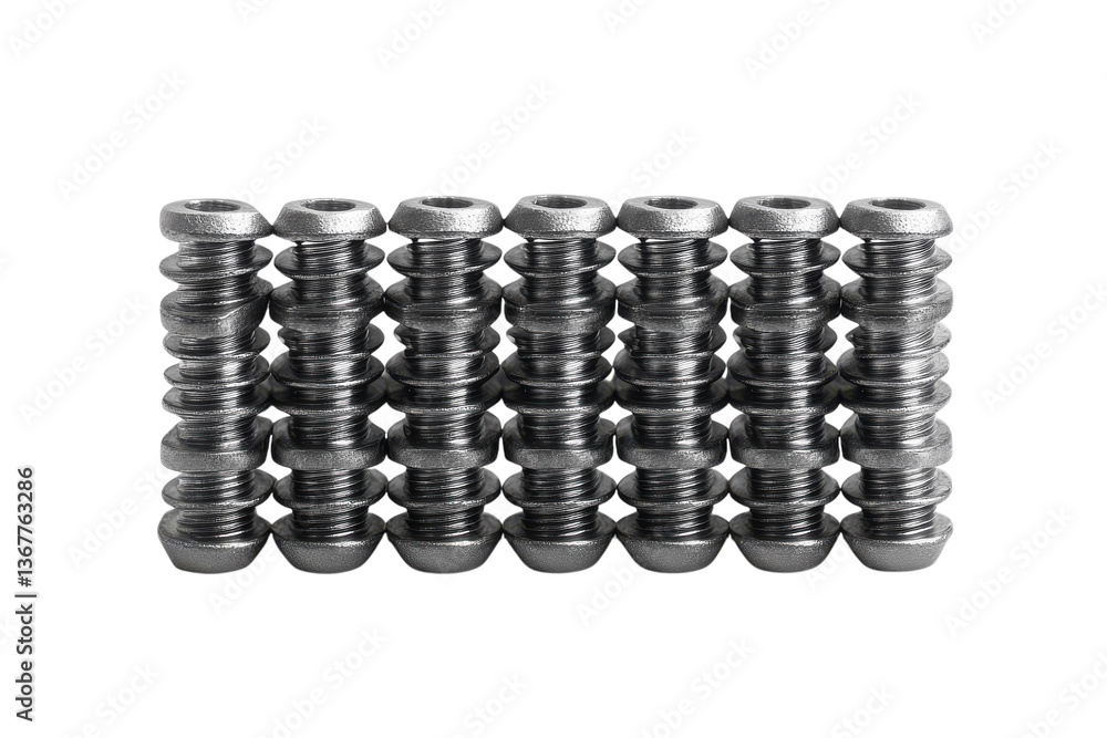 Poster a precise row of meticulously crafted metallic components, each a stack of intricately detailed cyli