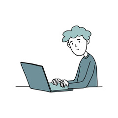 Young man, boy sitting at table, working on laptop. Work, education, modern technology concept. Isolated hand drawn computer vector illustration. Male person in ofiice, school, home. Electronic device