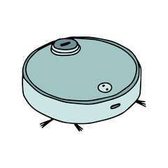 Hand drawn automatic robotic hoover illustration. Modern smart electronic household appliance technology. Cleaning concept. Vacuum cleaner. Isolated vector clipart object. Simple doodle sketch icon.