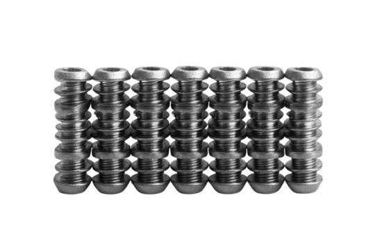 A Precise Row Of Meticulously Crafted Metallic Components, Each A Stack Of Intricately Detailed Cylinders, Exhibiting A Uniform Gray Tone Against A Stark Isolated on Transparent Background