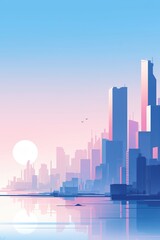 Fototapeta premium Minimalist City Skyline at Sunset with Pastel Pink and Blue Tones, Water Reflections, and Serene Atmosphere