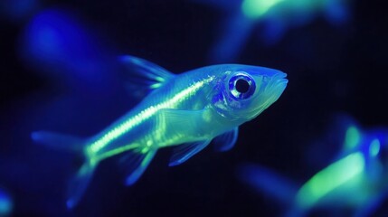 Fototapeta premium Glowing Fish Close Up in Deep Blue Water with Bioluminescence