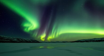 Naklejka premium Breathtaking Northern Lights Illuminating a Frozen Landscape at Night