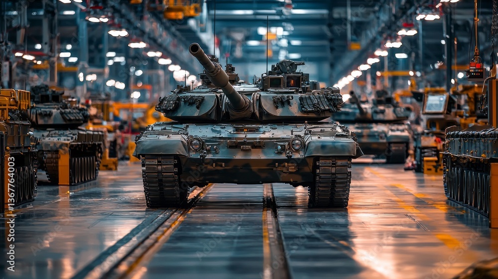 Aufkleber rows of formidable military tanks stand ready in a sprawling factory, where skilled workers shape th