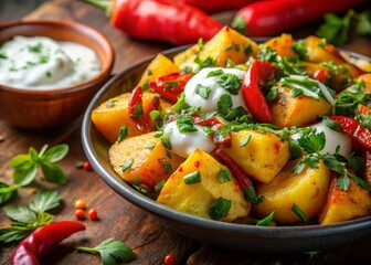 Macro Spicy Potato Dish with Fresh Herbs & Sauces - Gourmet Food Photography