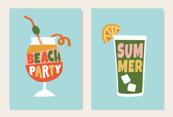 Summer beach party greeting cards, invitations. Cocktail drinks glasses with lettering text isolated on blue background. Birthday celebration. Retro mid century design. Hand drawn vector illustrations
