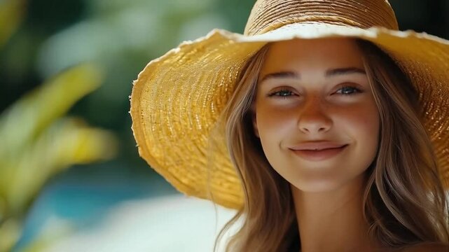 Smiling woman in straw hat, fresh mood, radiating beauty in sunlight.