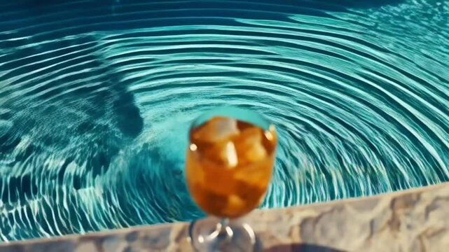 Refreshing iced drink by the pool, summer mood with sparkling sunlight reflections.