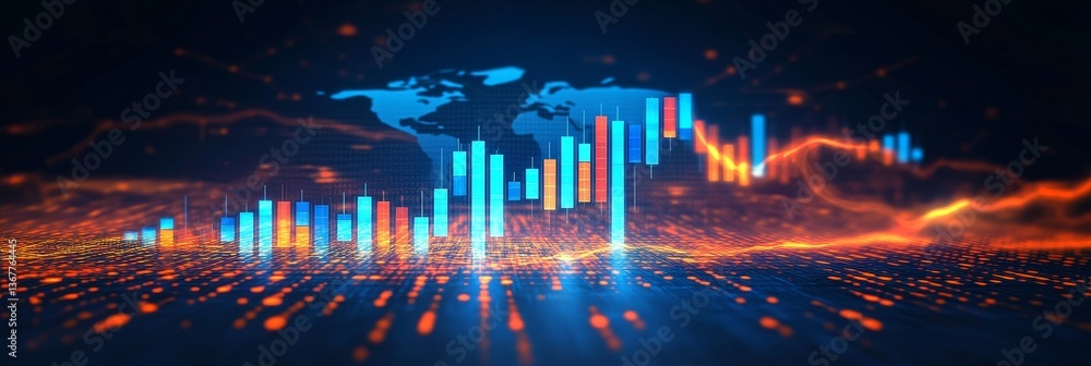 Poster global financial market, data visualization with map , futuristic concept with graphs and charts