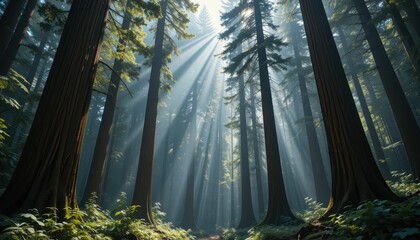 Obraz premium Sunlight Streaming Through Tall Trees in Lush Green Forest