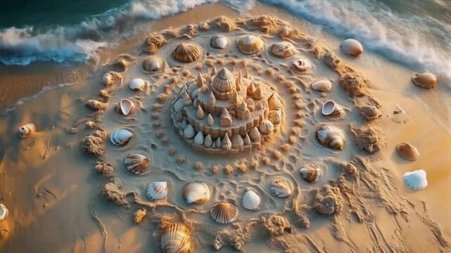 Magnificent sandcastle with shells, artistic mood, on pristine beach by the ocean.