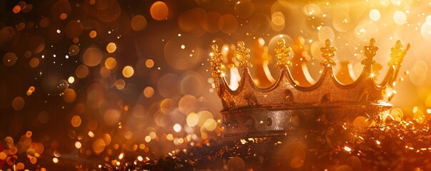 Golden crown is glimmering on a festive confetti background for the epiphany or mardi gras