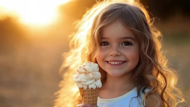 Delighted girl enjoying ice cream, cheerful mood, glowing in warm sunset light.