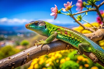 Fototapeta premium Madeira Wall Lizard Basking on Funchal Tree - Vibrant Reptile in Natural Habitat