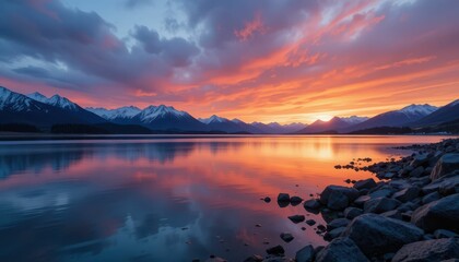 Fototapeta premium Serene Sunset Over Majestic Mountains and Calm Lake Surface