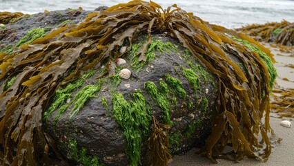 Seaweed covers rock by ocean on a beach, marine plants, coast