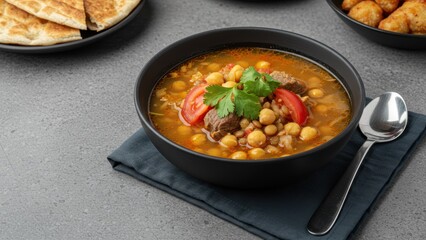 A bowl of hearty chickpea and beef soup served with bread and meatballs.