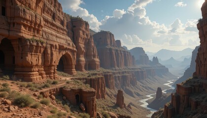 Majestic Red Rock Canyons and River Landscape During Golden Hour