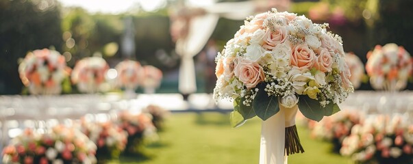 Peach roses and white flowers in a wedding bouquet placed on a chair at an outdoor wedding ceremony