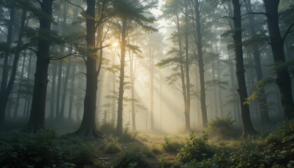 Obraz premium Ethereal Forest with Mist and Sunlight Through Tall Trees
