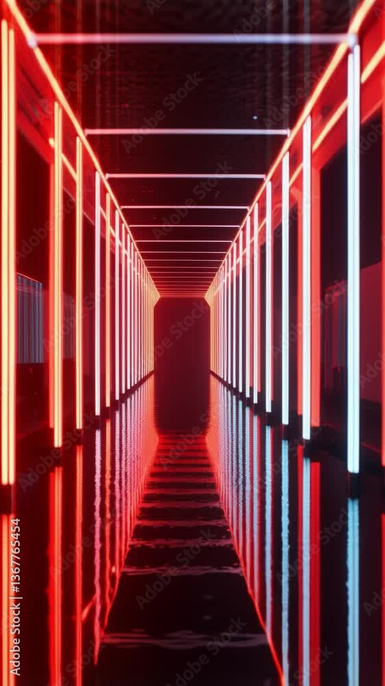 Aufkleber Abstract corridor with glowing red and white light patterns creating a futuristic atmosphere in a dark environment